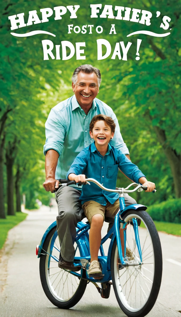 Father Teaching  to Ride a Bike: Card showing a father teaching his  to ride a bike, with "Happy Father's Day" in a bold, cheerful font.