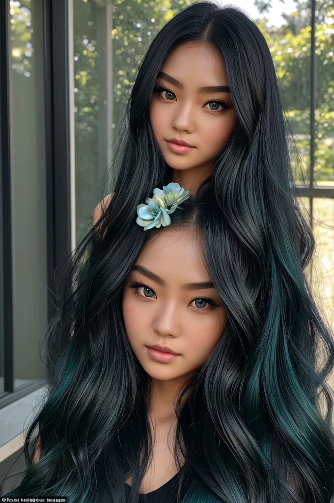 Appearance:
Hair: Miya has long, flowing hair that cascades down to her waist. Her hair is a deep, midnight black with subtle highlights of shimmering blue.
Eyes: Her eyes are a striking shade of emerald green, exuding both warmth and intensity.
Skin: She has a fair complexion with a slight rosy tint on her cheeks.