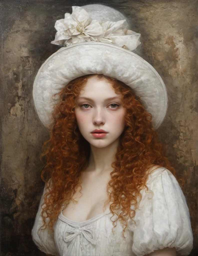 James Gurney, Surrealist art , dream-like, Mysterious, Provocative, symbolic, Complex, detailed,, (Gothic but very beautiful:1.4), (masterpiece, highest quality:1.4) , Nicola Samori Style, young girl with curly ginger hair, white dress, white hat