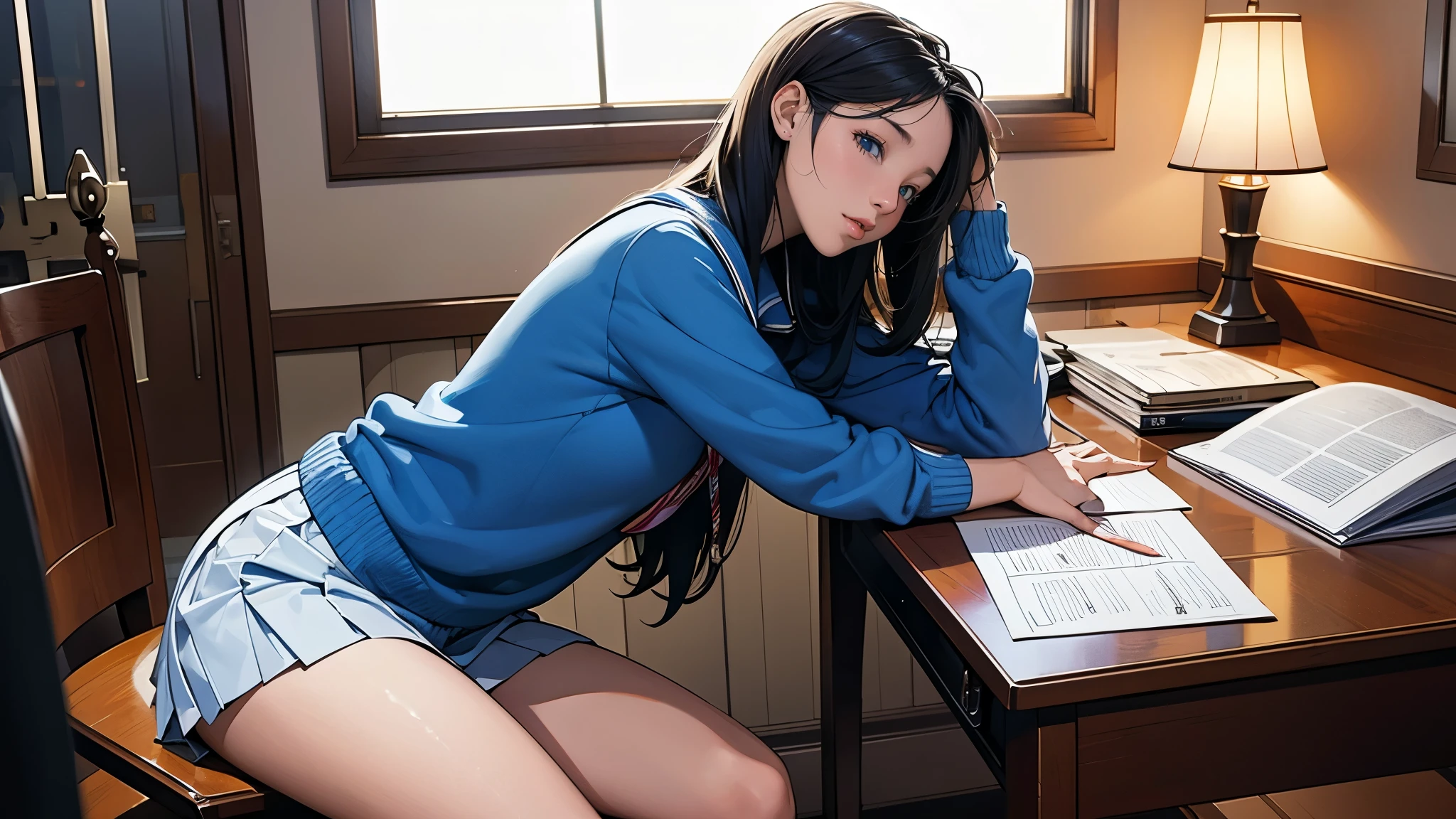 Ultra HD、super high quality、masterpiece、detailed、8K、The place is your room、A high school girl in her room1Person sitting and listening to music on headphones、Studying at a desk、The room is small、15-year-old high school girl、The high school girl is Russian and has long black hair.、Has blue eyes、Has a glamorous figure、The clothes she's wearing are a camisole, a miniskirt, and knee-high socks.、Or wearing a uniform、Pretty sexy、Lo-Fi images,The background is blurred、Nostalgic and relaxing atmosphere、The decorations are retro.、Late Night、The light is a desk lamp