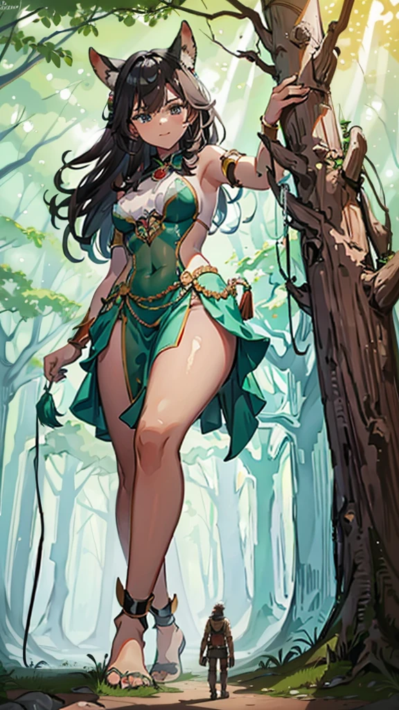 In a forest of large trees there is an even larger Amazonian giantess, with brown skin, black hair, thin, with clothes of the forest, and with very long legs, she is looking for small human invaders of the forest to destroy them so that they do not disturb the peace of the forest. Giantess, goddess, hot, black skin, tall legs, sexy, tiny people, tiny humans, crush, forest, trees, standing, group of small people, slim body