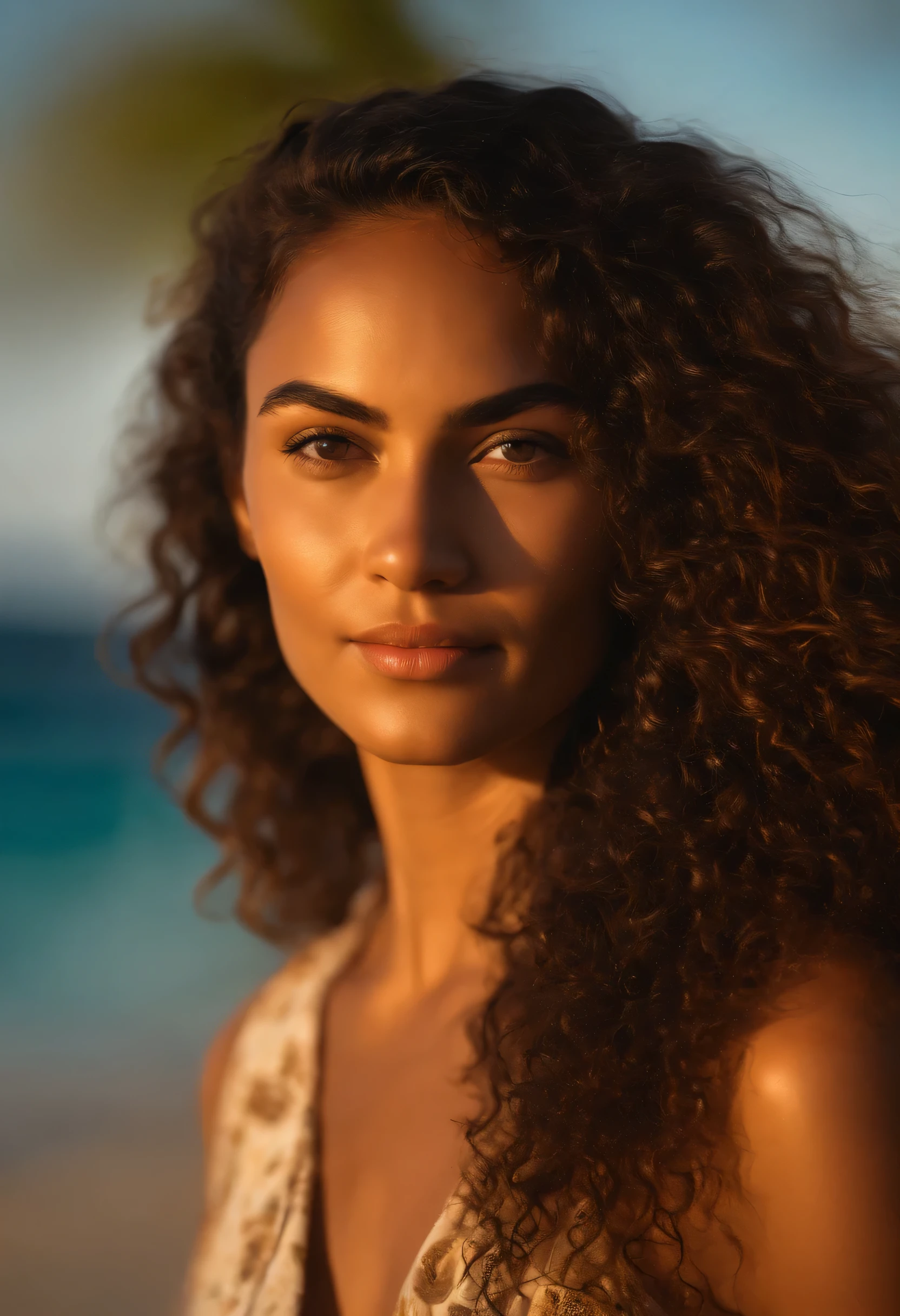 REALISTIC POTRAIT OF A WOMAN , TAHITI ISLAND WOMEN , coily hair , shiny skins , gorgeous eyes , TOP COMBINANDO E BOTTAM BEACH WEAR , GOLDENHOUR LIGHTING