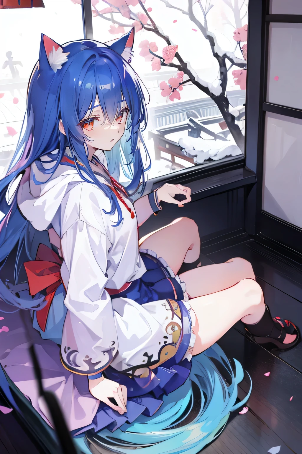 (masterpiece:1.2),Super detailed,lifelike,Expressive eyes,fair skin,perfect face shape,1 girl,
Japanese comics,Gorgeous blue hair,flowing blue hair,flowing clothes,Cat ears,Petals fall,beautiful lola,Baby Angel,
Cross your legs,Gentle and peaceful background,The pavilion is cool and comfortable,smile, wearing hoodie, background of tokyo,back views,snowing, winter.