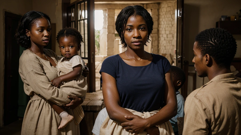 ultra realistic scene, 4K, of African family entering a simple shepherd's house, with a welcoming setting but visible concern.
Details: Mother holding children, pastor offering comfort, humble but safe environment.