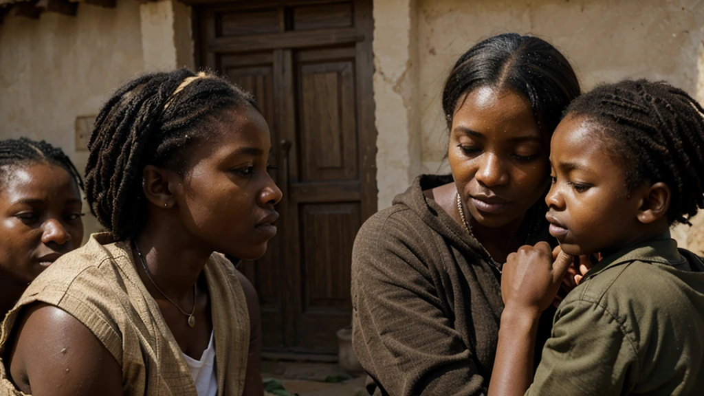 ultra realistic scene, 4K, of African family entering a simple shepherd's house, with a welcoming setting but visible concern.
Details: Mother holding children, pastor offering comfort, humble but safe environment.