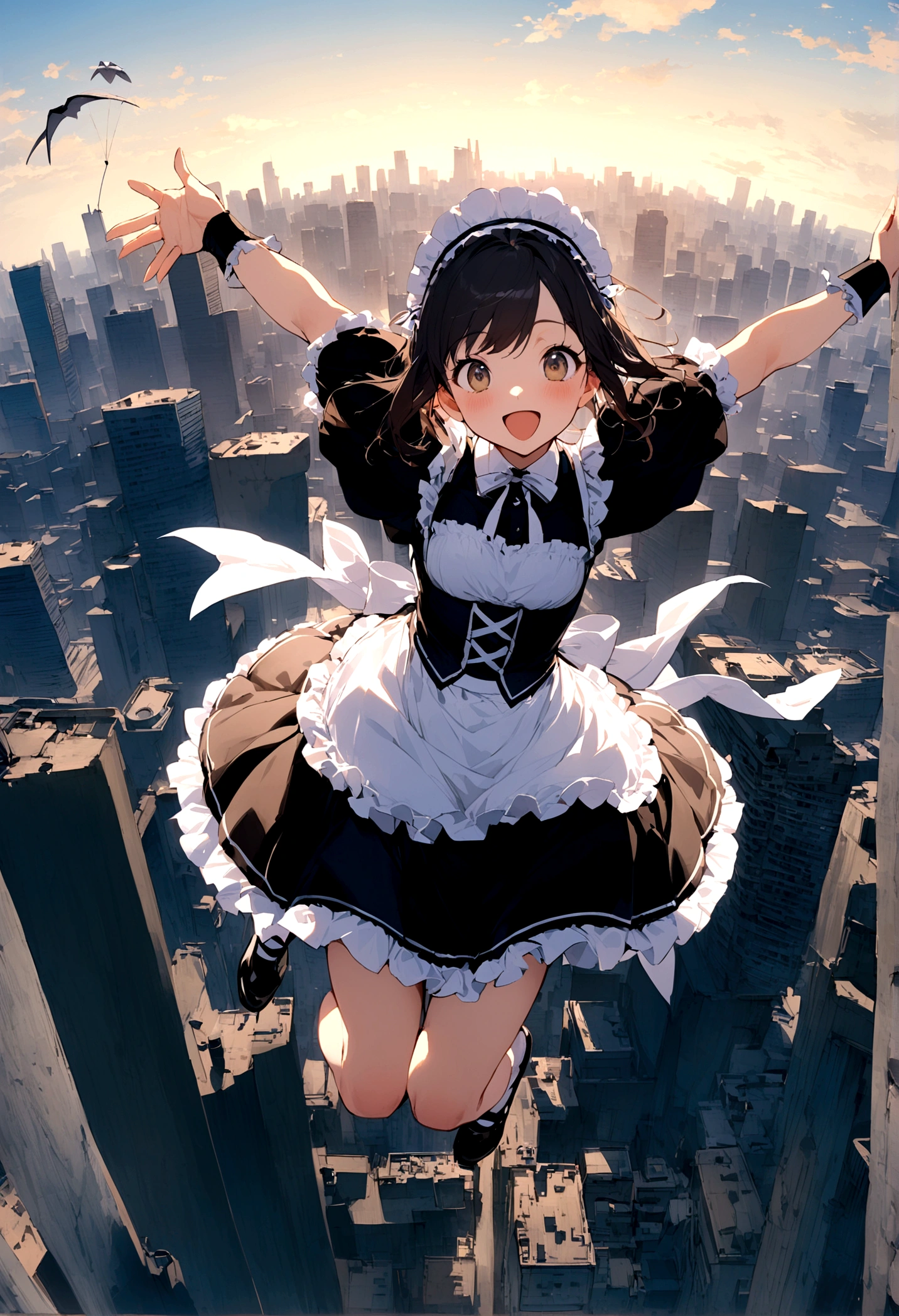 City、走るようなJump、Running pose、whole body、Masterpiece、Landscapeの、Landscape、Landscapeのメイド、ビルの上をJump、From Lawn Angle、Maid clothes、beautiful girl、Maid Costume、Frills fluttering in the wind、ビルの合間をJumpする、there is a man that is Jumping in the air with a kite, Leap into the air, Jump pose, Jumping towards viewer, horizontally Leap!!!, Jumping for joy, Leap, Aerial浮揚, Rise from the ground, Leap towards viewer, ultra - high Jump, Jumping, Leap with arms up, Aerial, Jump、skyscraper、City、Tokyo