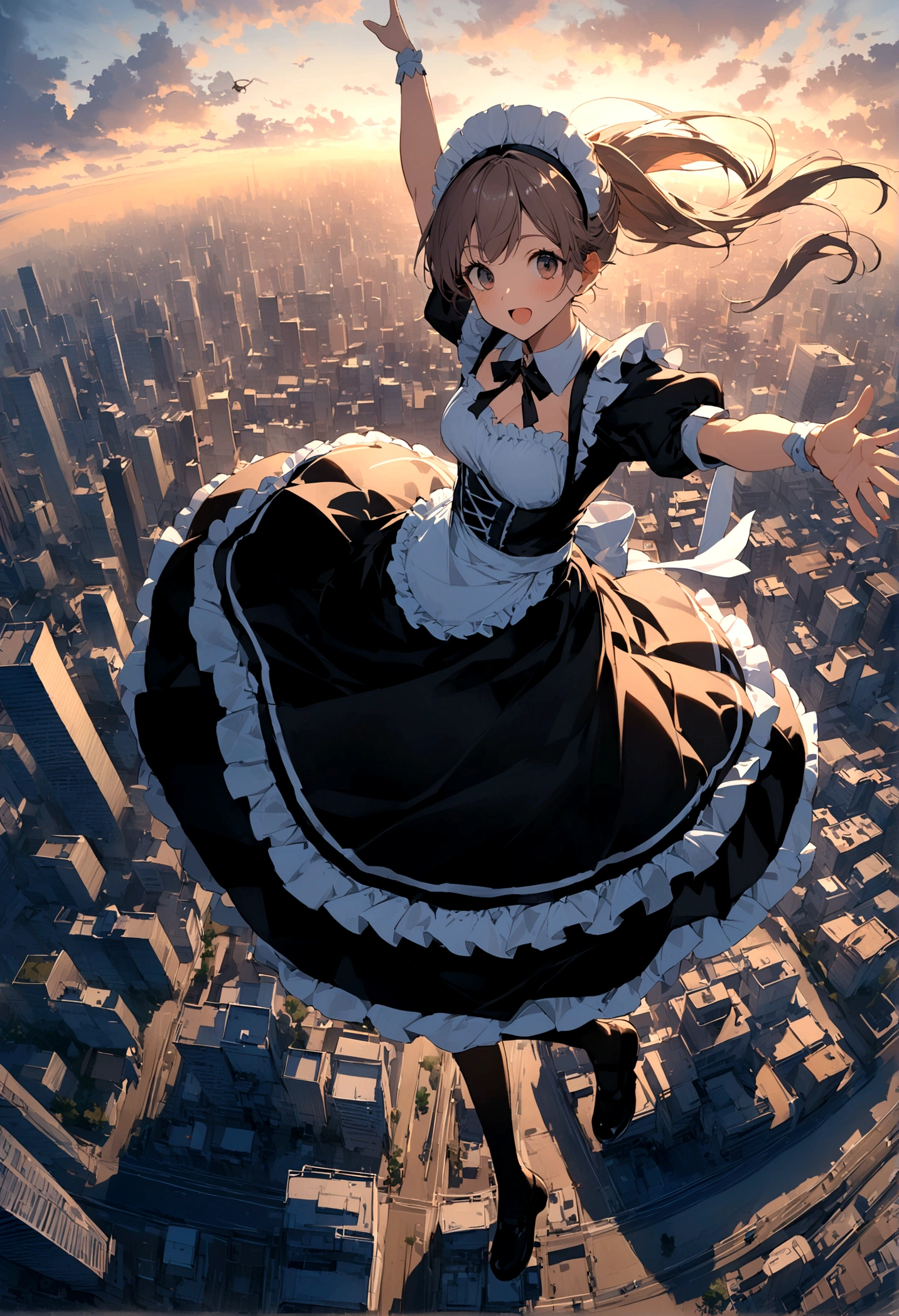 City、走るようなJump、Running pose、whole body、Masterpiece、Landscapeの、Landscape、Landscapeのメイド、ビルの上をJump、From Lawn Angle、Maid clothes、beautiful girl、Maid Costume、Frills fluttering in the wind、ビルの合間をJumpする、there is a man that is Jumping in the air with a kite, Leap into the air, Jump pose, Jumping towards viewer, horizontally Leap!!!, Jumping for joy, Leap, Aerial浮揚, Rise from the ground, Leap towards viewer, ultra - high Jump, Jumping, Leap with arms up, Aerial, Jump、skyscraper、City、Tokyo