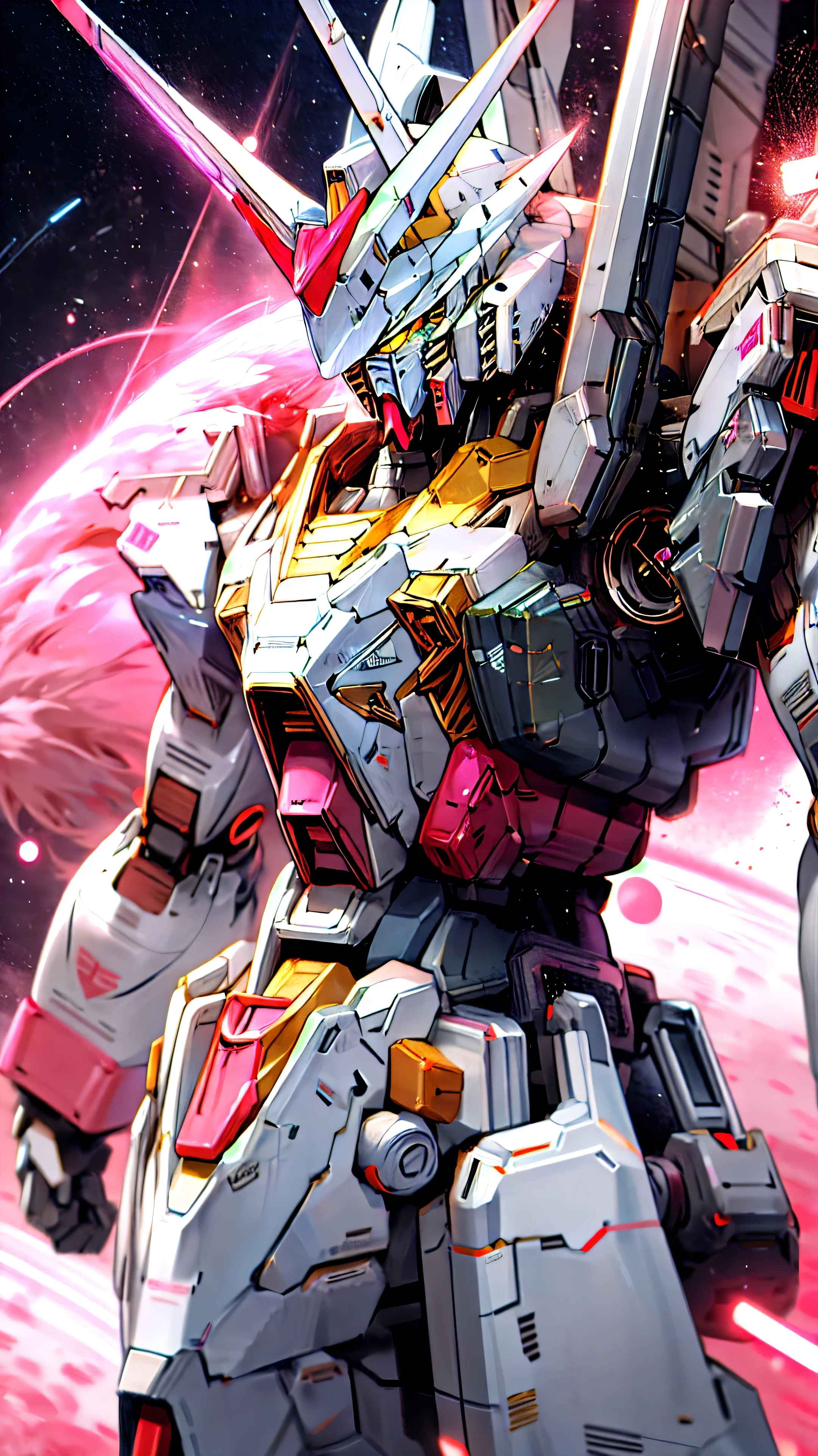Real、high resolution、8K、The Strike Freedom Gundam stands in space emitting pink light particles.、Particles of light are emitted in all directions from the entire aircraft.、