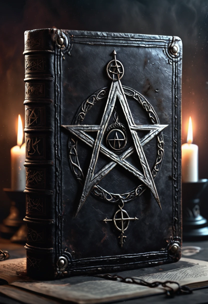 a black dirty diary with a symbol of a cult to the void, (best quality,4k,8k,highres,masterpiece:1.2),ultra-detailed,(realistic,photorealistic,photo-realistic:1.37),detailed book cover, black leather, grunge, occult symbol, dark ritual, moody lighting, cinematic,somber colors,dramatic shadows