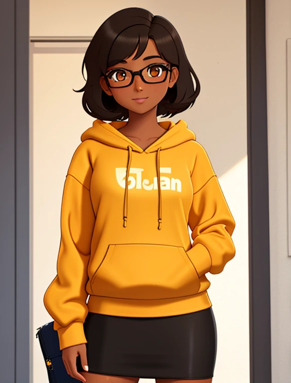 1girl, solo, 20 year old college student, she has tan-bronze skin with some freckles, short black hair with orange highlights, amber colored eyes, (Wearing a yellow hoodie, black pencil skirt and glasses)
