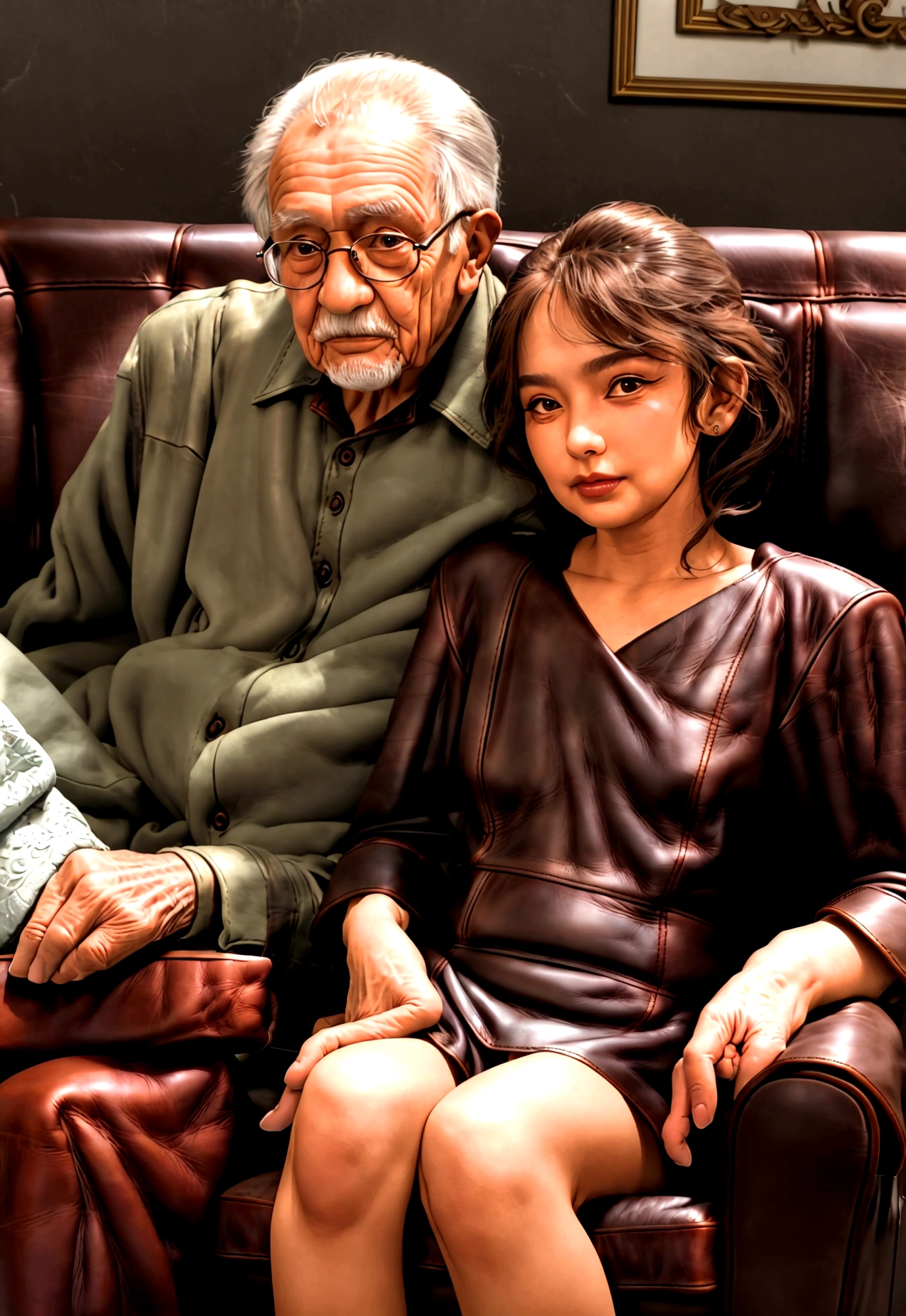 (masterpiece), ((couples shot)), half screen, ((( an old man is seated beside a beautiful 21 years old woman on a leather couch))), (she kisses the old man intensely))),best quality, perfect anatomy, ((she is wearing no clothing)), ((small breasts, slender but supple hips)), (long brown hair), (detailed brown eyes are open) , slender hips perfect body, perfect makeup, intense detail, UHD, very realistic