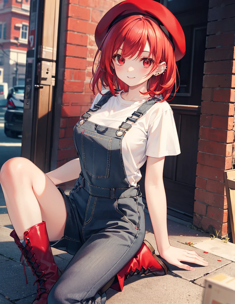 Realistic,Highest quality, Ultra Detail, High-quality CG rendering, The most delicate and beautiful, Floating softly, High resolution, (1 girl), (Highest quality,4K,8K,masterpiece:1.2),(All red hair:1.5), (Medium Hair:1.5),(Red eyes:1.5),(Slightly larger breasts:1.2), (Beige overalls:1.3),(Pure white inner T-shirt:1.3),(Black boots:1.3)、(Brown Beret:1.3)、Piercing in left ear,In the city,old buildings,(whole body:1.3),(smile)