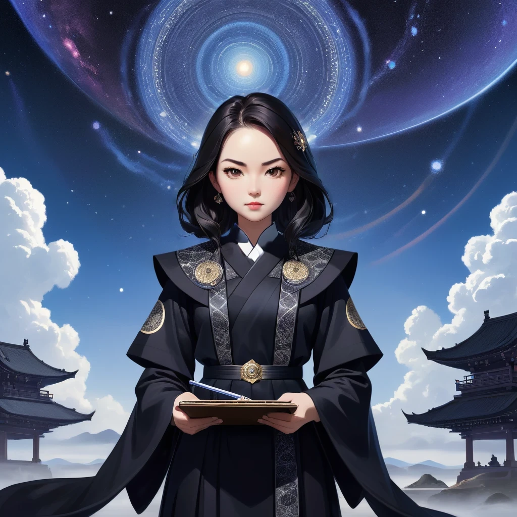 A Severe Judge's loyal rigorous Assistant with a clipboard in hand, a severe woman, embodying precision and diligence, stands erect in a serene cosmic landscape. She wears a professional attires, its pristine black fabric exuding cleanliness and rigor. The intricate patterns, delicately woven, as if infused with dark cosmic energy. Severe and serious expressions on face.