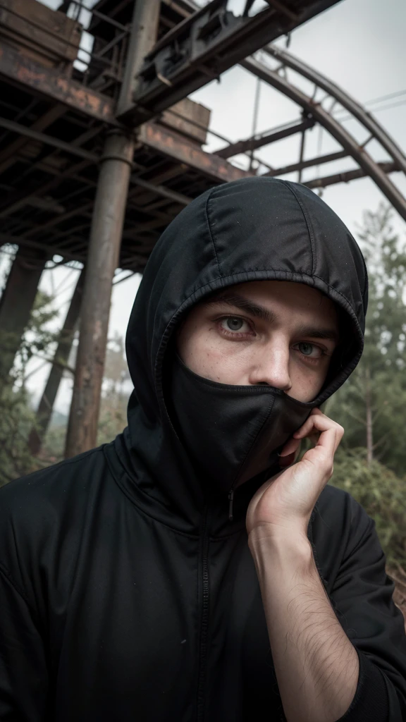 man in loose, lightweight black clothing, wearing a prominently visible balaclava, hanging by one hand from a track above a rusted roller coaster car, broken tracks and overgrown weeds, eerie atmosphere, sense of mystery and solitude, suspenseful mood, close-up shot from the car, shallow depth of field, soft, diffused lighting