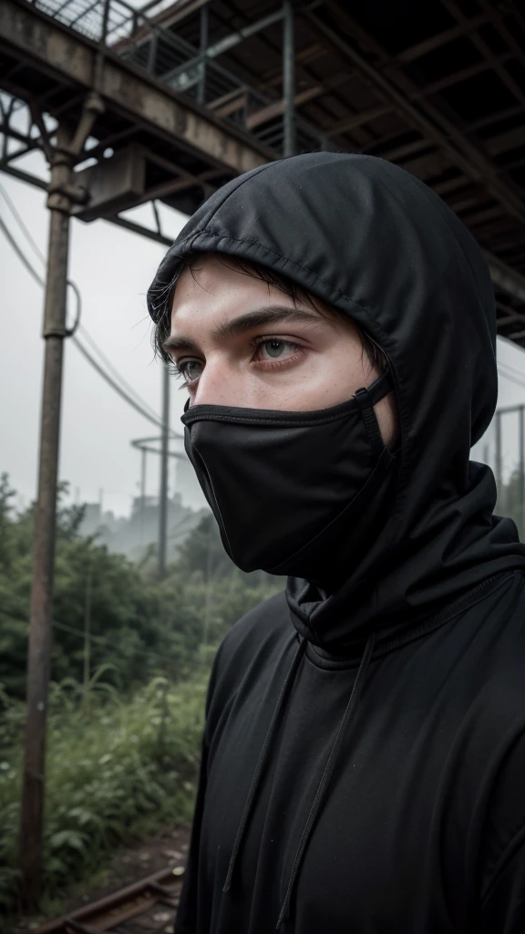 man in loose, lightweight black clothing, wearing a prominently visible balaclava, hanging by one hand from a track above a rusted roller coaster car, broken tracks and overgrown weeds, eerie atmosphere, sense of mystery and solitude, suspenseful mood, close-up shot from the car, shallow depth of field, soft, diffused lighting