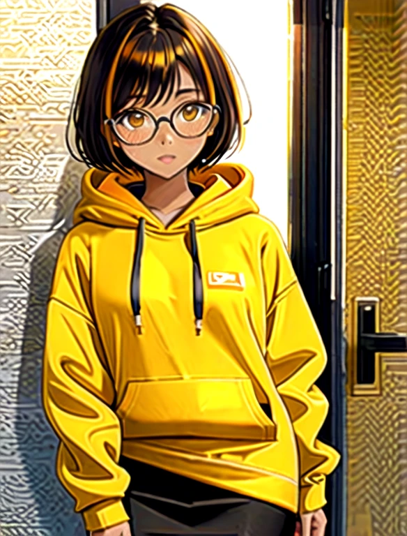 1girl, solo, 20 year old college student, she has tan-bronze skin with some freckles, short black hair with orange highlights, amber colored eyes, (Wearing a yellow hoodie, black pencil skirt and glasses)
