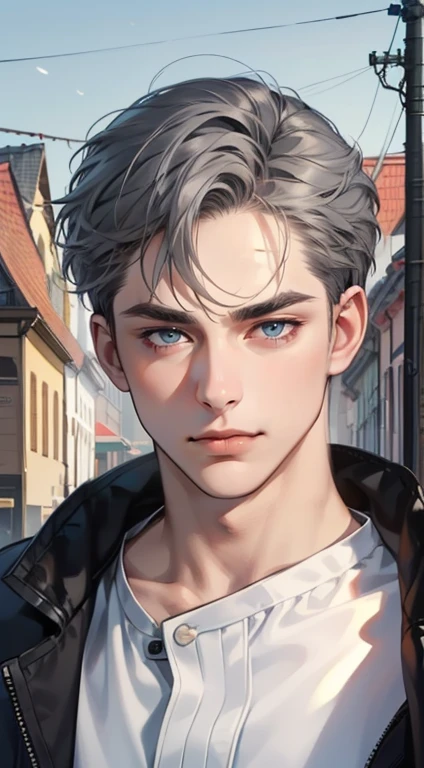 masterpiece, best quality, realistic, 1man, mature male, quiet and charming  man, 35 years old, close his eyes, serious, closed mouth, extremely detailed face, cold, ((dark grey blue eyes)), ((short-right-swept dark grey hair)), [thick eyebrows], ((hunter)), accurate, detailed, ((town))