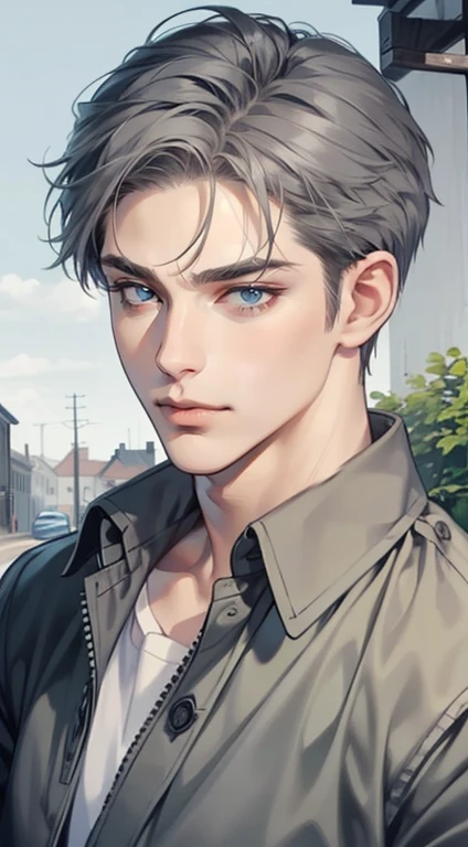 masterpiece, best quality, realistic, 1man, mature male, quiet and charming  man, 35 years old, close his eyes, serious, closed mouth, extremely detailed face, cold, ((dark grey blue eyes)), ((short-right-swept dark grey hair)), [thick eyebrows], ((hunter)), accurate, detailed, ((town))