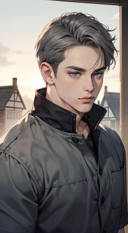 masterpiece, best quality, realistic, 1man, mature male, quiet and charming  man, 35 years old, close his eyes, serious, closed mouth, extremely detailed face, cold, ((dark grey blue eyes)), ((short-right-swept dark grey hair)), [thick eyebrows], ((hunter)), accurate, detailed, ((town))