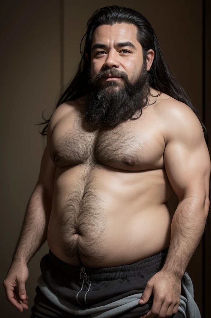 Photograph of a handsome dwarf man, short and has dwarfism, with black skin and long hair, with unshaven beard