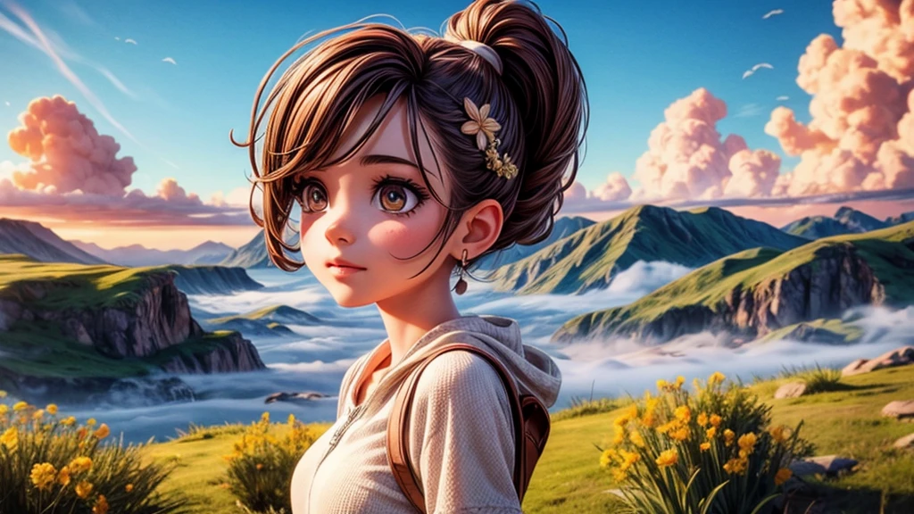 a beautiful young girl standing on a mountain top, admiring the sunrise emerging from the sea of clouds, sunlight streaming through the mist, picturesque landscape, (best quality,4k,8k,highres,masterpiece:1.2),ultra-detailed,(realistic,photorealistic,photo-realistic:1.37),detailed facial features, natural lighting, vivid colors, golden hour, atmospheric, breathtaking scenery, magical, serene, wonder, awe-inspiring