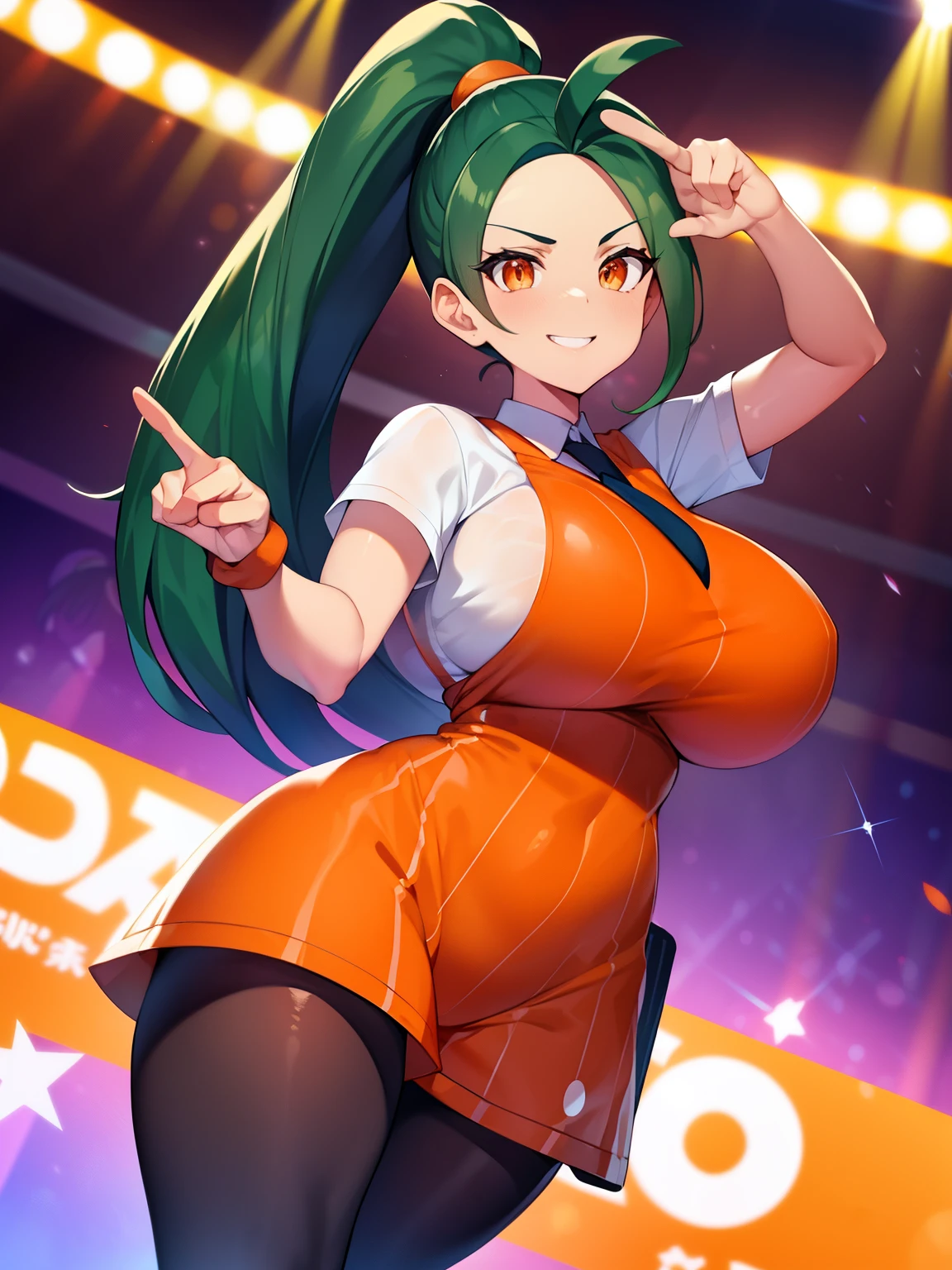 Pokémon、Nemo、big tits milf、big tits milf、big  milf、solo、Nemona、long hair、orange eyes、ponytail、look at viewer、black pantyhose、gloves、orange tie、orange shorts、short sleeve、、stage、Stage Lights、Spotlight、peace sign、dutch angle、smile