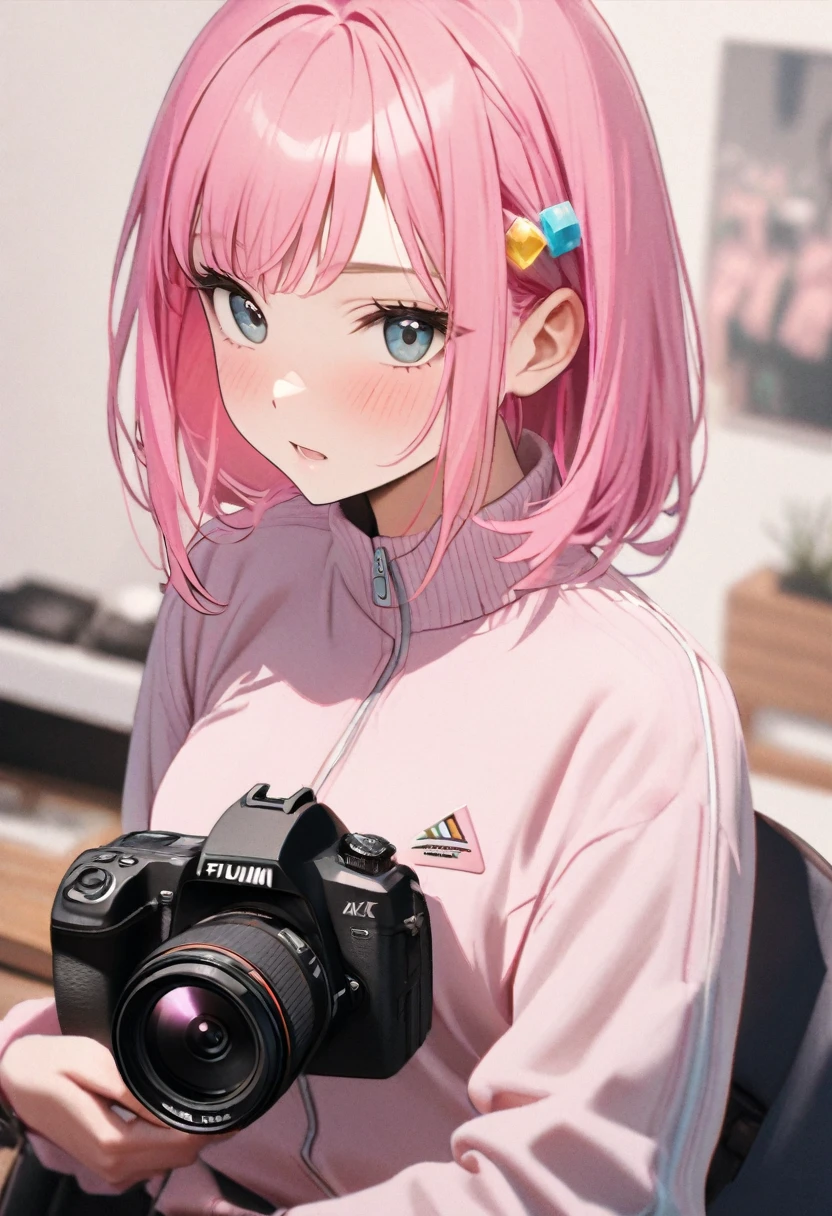 coldgirl, RAW photo, a  portrait of sxeyez, (pink hair: 3) , gotou, hair ornament, cube hair ornament, track jacket ,  (high detailed skin:1.2), 8k uhd, dslr, soft lighting, high quality, film grain, Fujifilm XT3