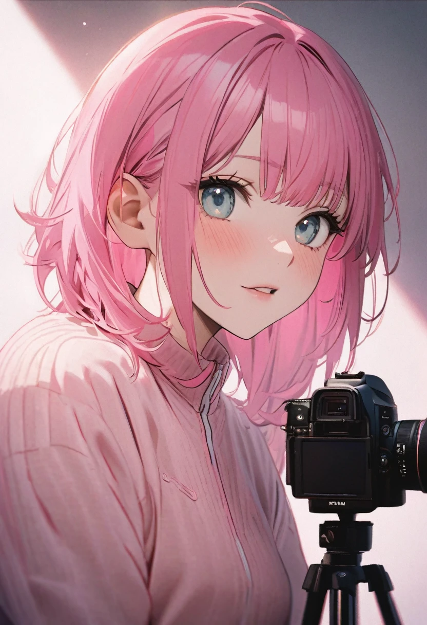 coldgirl, RAW photo, a portrait of sxeyez, (pink hair: 3) , gotou, hair ornament, cube hair ornament, track jacket , (high detailed skin:1.2), 8k uhd, dslr, soft lighting, high quality, film grain, Fujifilm XT3