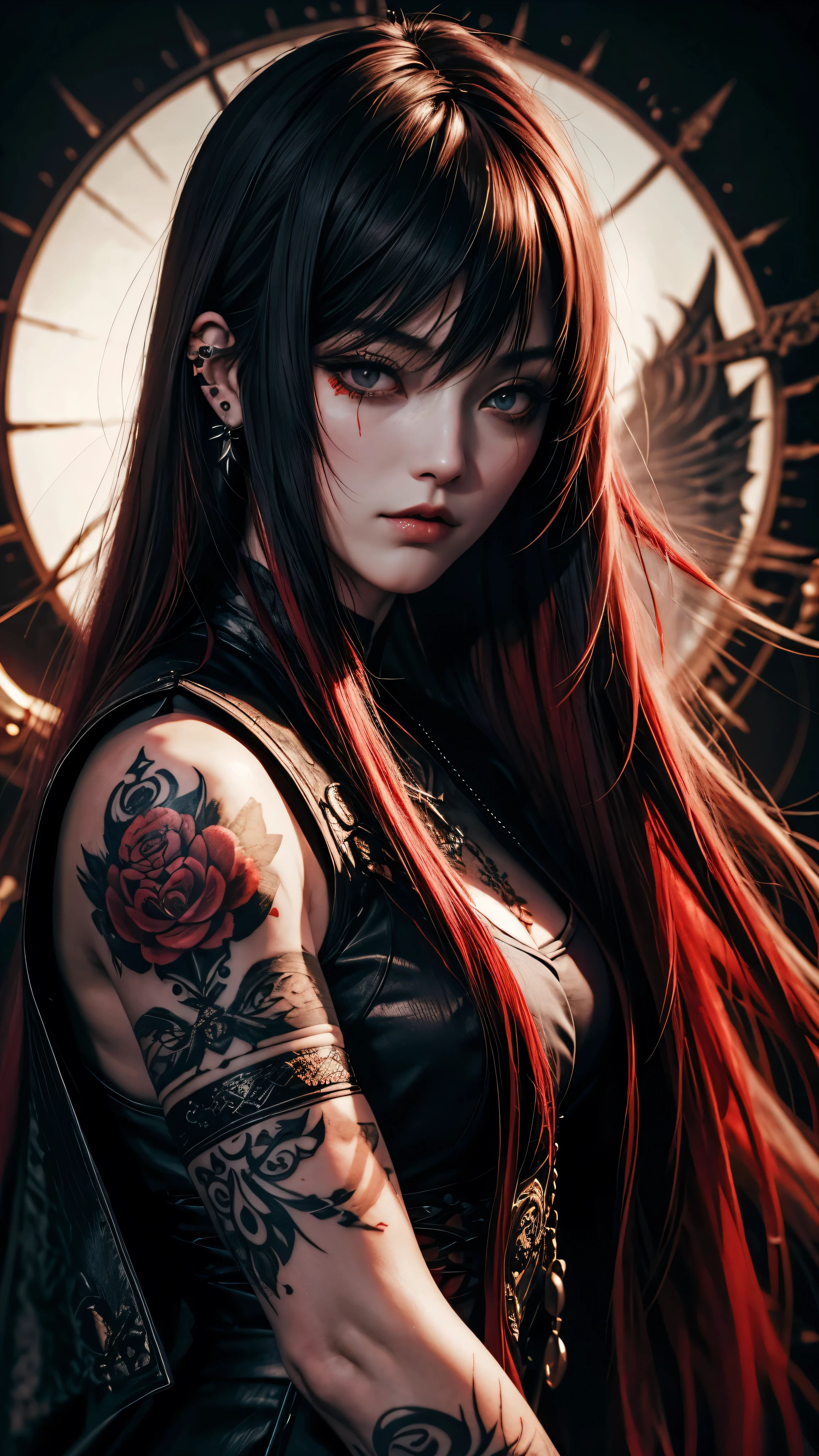 (Dark Fantasy) white girl. Red long hair. Tattooed. Piercings nos seios fartos. Vestes de Alquimista. (Fatal Frame)