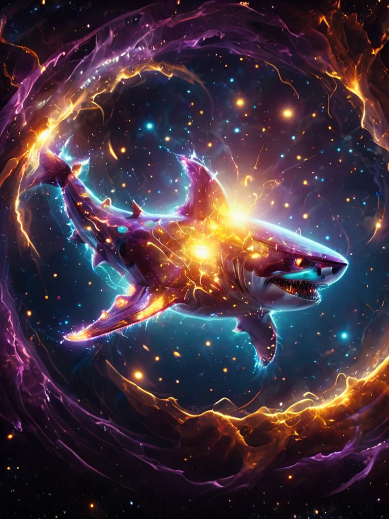 glowneon, cinematic film still, A glowing shark swimming in space emanating lights and sparks, dark amethyst and orange
