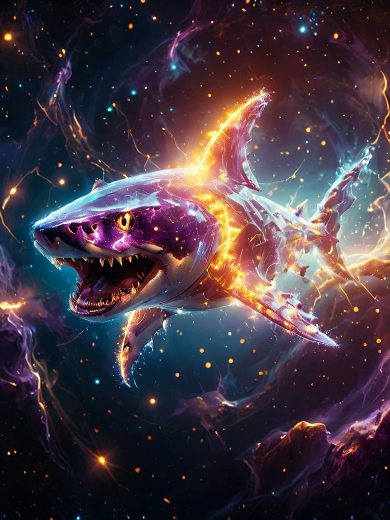 glowneon, cinematic film still, A glowing shark swimming in space emanating lights and sparks, dark amethyst and orange