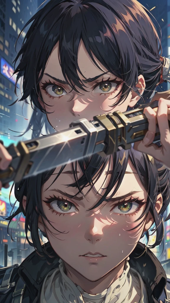 Close-up of a person holding a gun and a knife, Levi Ackerman, Ellen Yeager, Attack on Titanより, Ellen Yeager, portrait of Ellen Yeager, (Attack on Titanアニメ), Attack on Titan, shingeki no kyojin, SNK, Attack on Titan 秘密アート, Attack on Titanアニメスタイル, Official Art