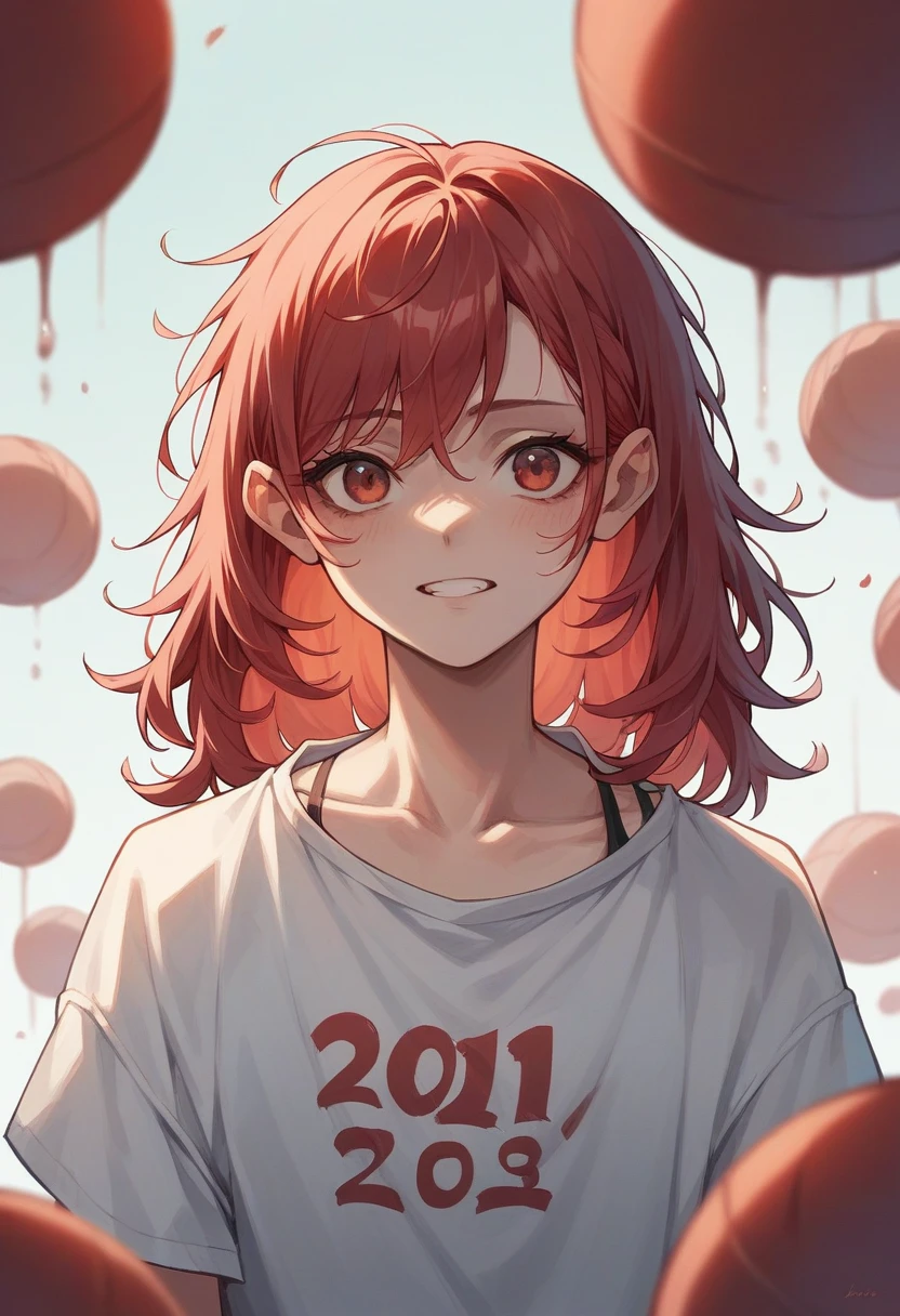 Make a 15 year old teenager, Red hair, SHORT to the neck, and wavy