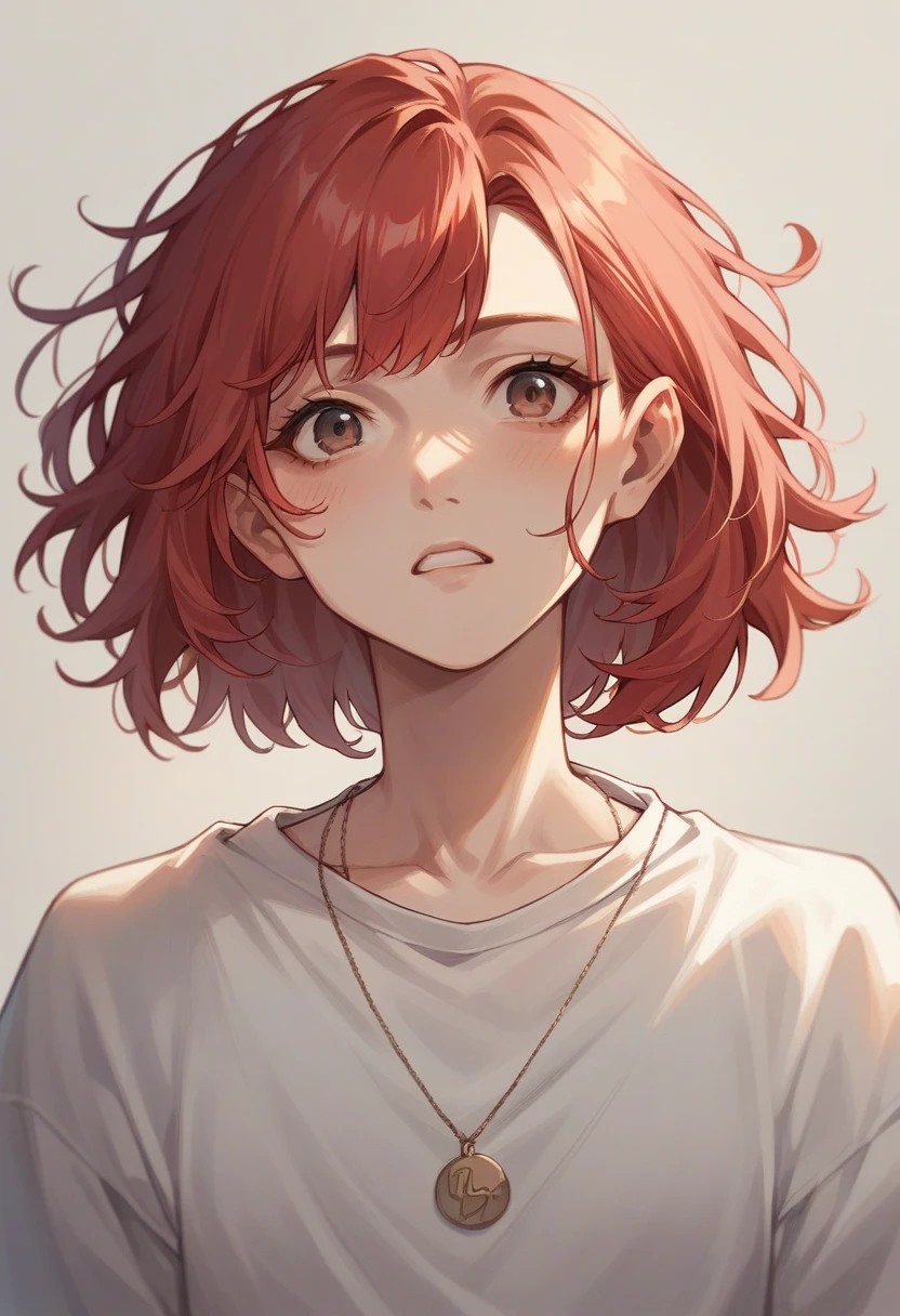 Make a 15 year old teenager, Red hair, SHORT to the neck, and wavy