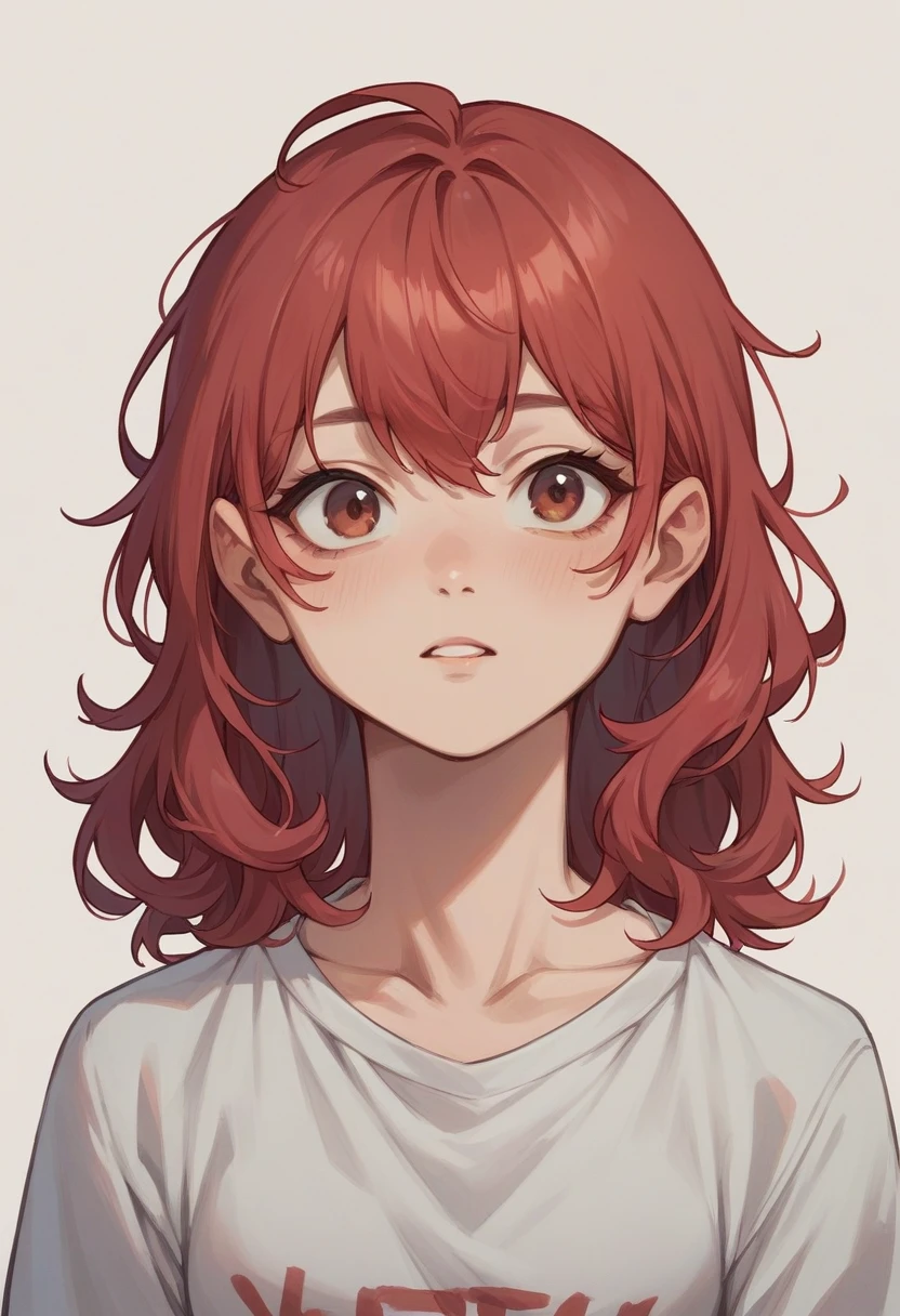Make a 15 year old teenager, Red hair, SHORT to the neck, and wavy