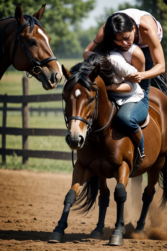 A woman being brutally raped by a horse while crying in pain