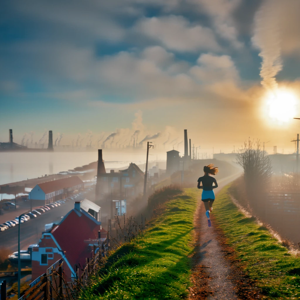 a woman running on a steep hill road in a foggy countryside town at sunrise, distant and close-up views, chimneys with smoke in an old rusty factory near a bay and port, cinematic lighting, dramatic atmosphere, 8k, high quality, photorealistic, detailed landscape, moody colors, volumetric lighting, hazy environment