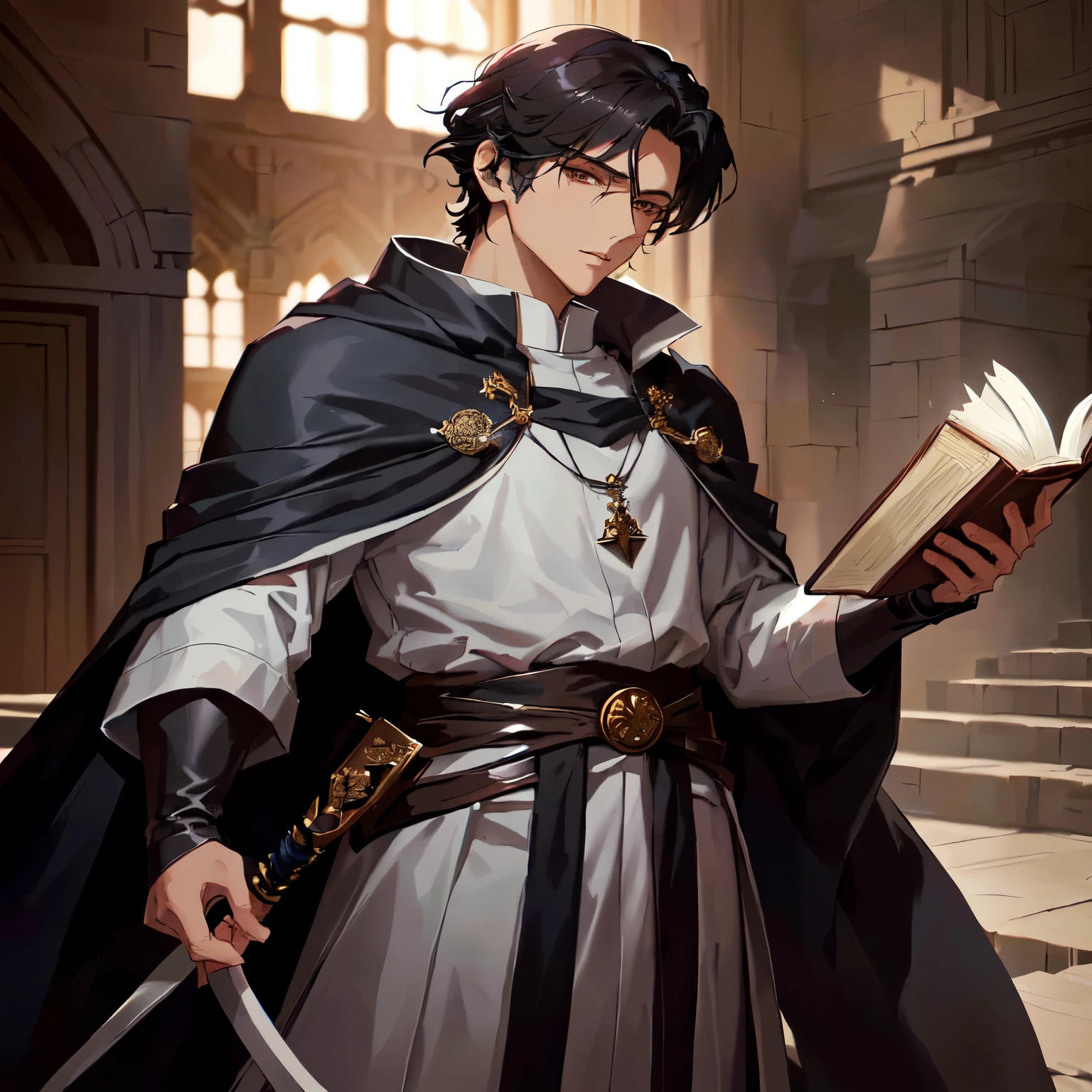 Arav man in white shirt and black cloak holds a book in his hands, The handsome guy in Demon Slayer, murata and artgerm series, Photo of a male priest, author:Yang J, Brunette magician, neoartcore 和 charlie bowater, Inspired by kris from deltarrune, Portrait of a young wizard, Stanley Artjem
