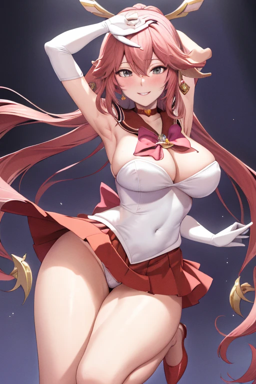 masterpiece, high definition, best quality, rendered art, well formed hands, fingers and body, 1 woman, solo, Yae Miko, adult, grown up, wearing Sailor Moon's outfit, big breasted, cleavage, full body, sexy sailor senshi uniform, short blue skirt, red boots, gorgeous hips, legs and thighs, white elbow gloves, sailor collar, tiara, earrings, dancing seductively and erotically, shaking her body, wind is lifting her skirt, panties peek, smiling joyfully and brightly, looking at the viewer, flirting, beach environment