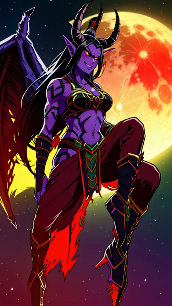 1girl,adult,fit,30s,solo,sensual,black armor,cleavage,pointy ears,black hair,long hair,(((red skin,colored skin))),night,moon,flying,evil smile,dynamic pose, horns,fire magic,illidari