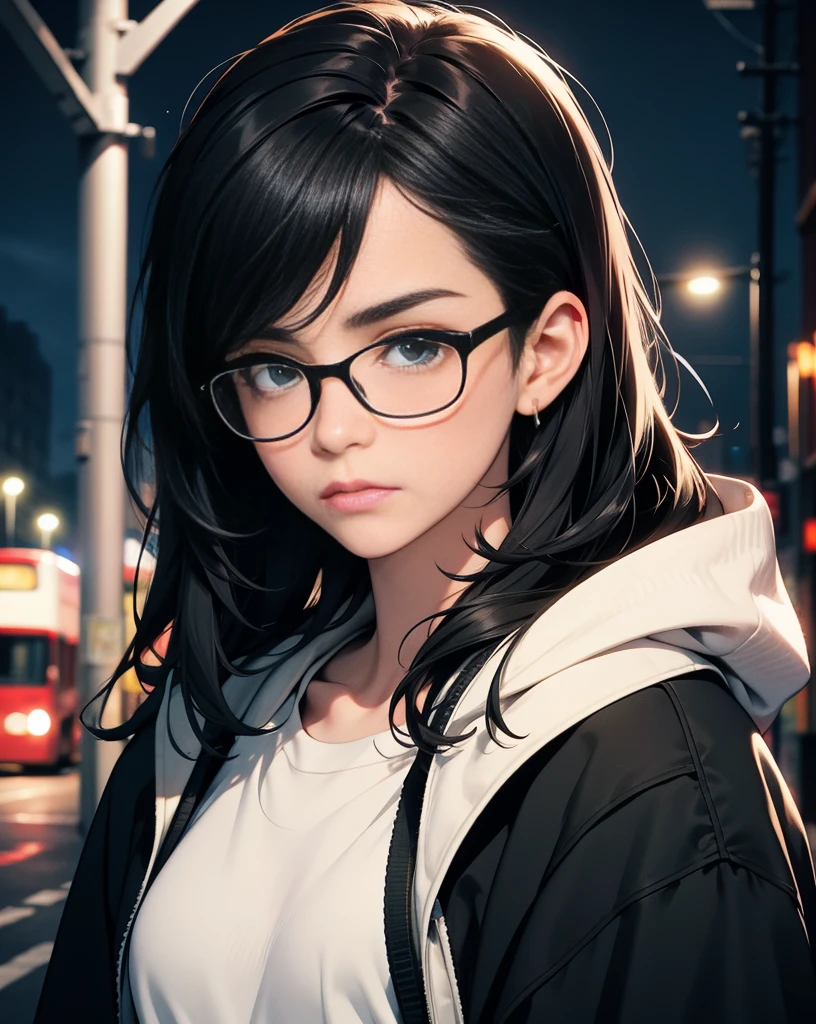 Best quality, volumetric lighting, cinematic lighting, masterpiece, ultra high res, 4k, (soft round detailed face), (sad expression), (detailed green eyes), bags under eyes, thick eyebrows, depressed, melancholy, (wearing rounded glasses), (very pale light skin), detailed black hair, ((long messy greasy hair)), (plain black hoodie), black stud earrings, black nail varnish, unwashed, unkempt, disheveled, sodium streetlamps, midnight, dark clouds, London, snow