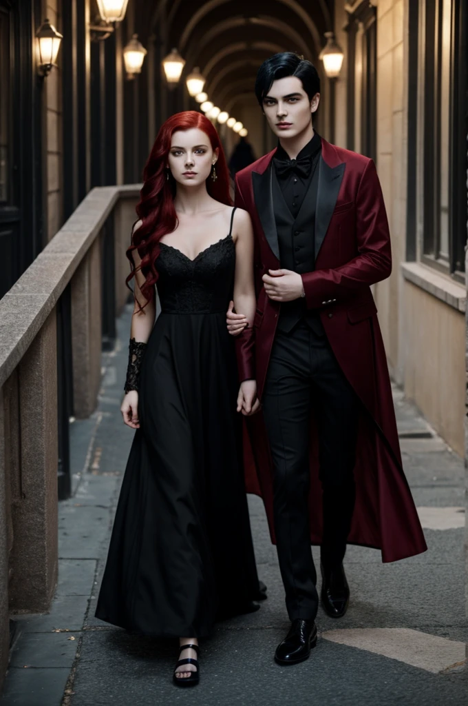 a girl and a girl dressed in a gala dress, the boy with black hair and he is a vampire and the girl with red hair and he is not a vampire 