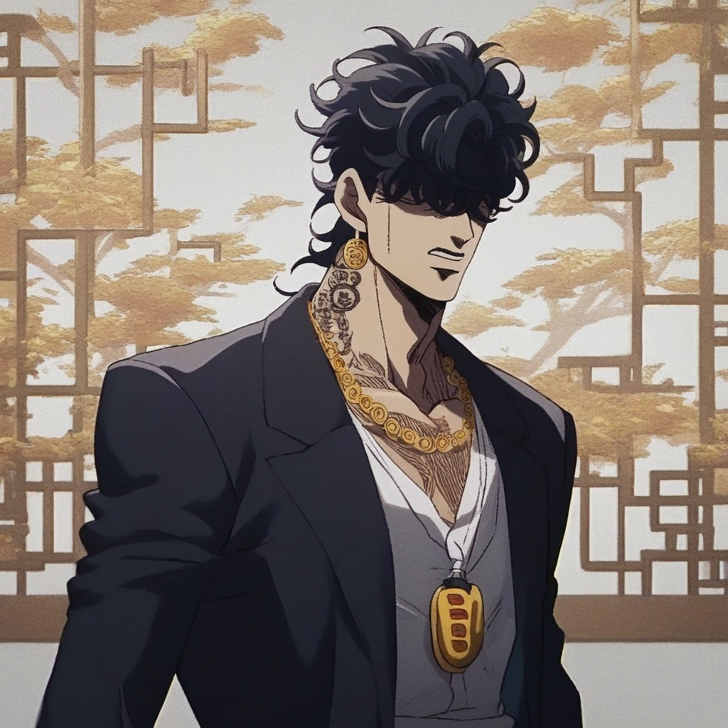 JoJo, JoJo style, JoJo's Bizarre adventure, Official art, anime, fake screenshot, pompadour, Solitary, golden curly hair covers eyes, shirt,1 boy, Tattoo, Bad Guy,black jacket, Male focus, necklace, formal, Set,eardrop, Chinese dragons is behind him, A tie with a dragon pattern. China gang 