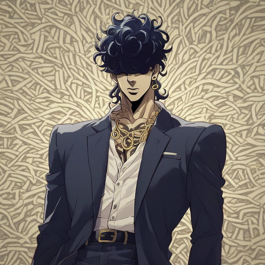 JoJo, JoJo style, JoJo's Bizarre adventure, Official art, anime, fake screenshot, pompadour, Solitary, golden curly hair covers eyes, shirt,1 boy, Tattoo, Bad Guy,black jacket, Male focus, necklace, formal, Set,eardrop, Chinese dragons is behind him, A tie with a dragon pattern. China gang 