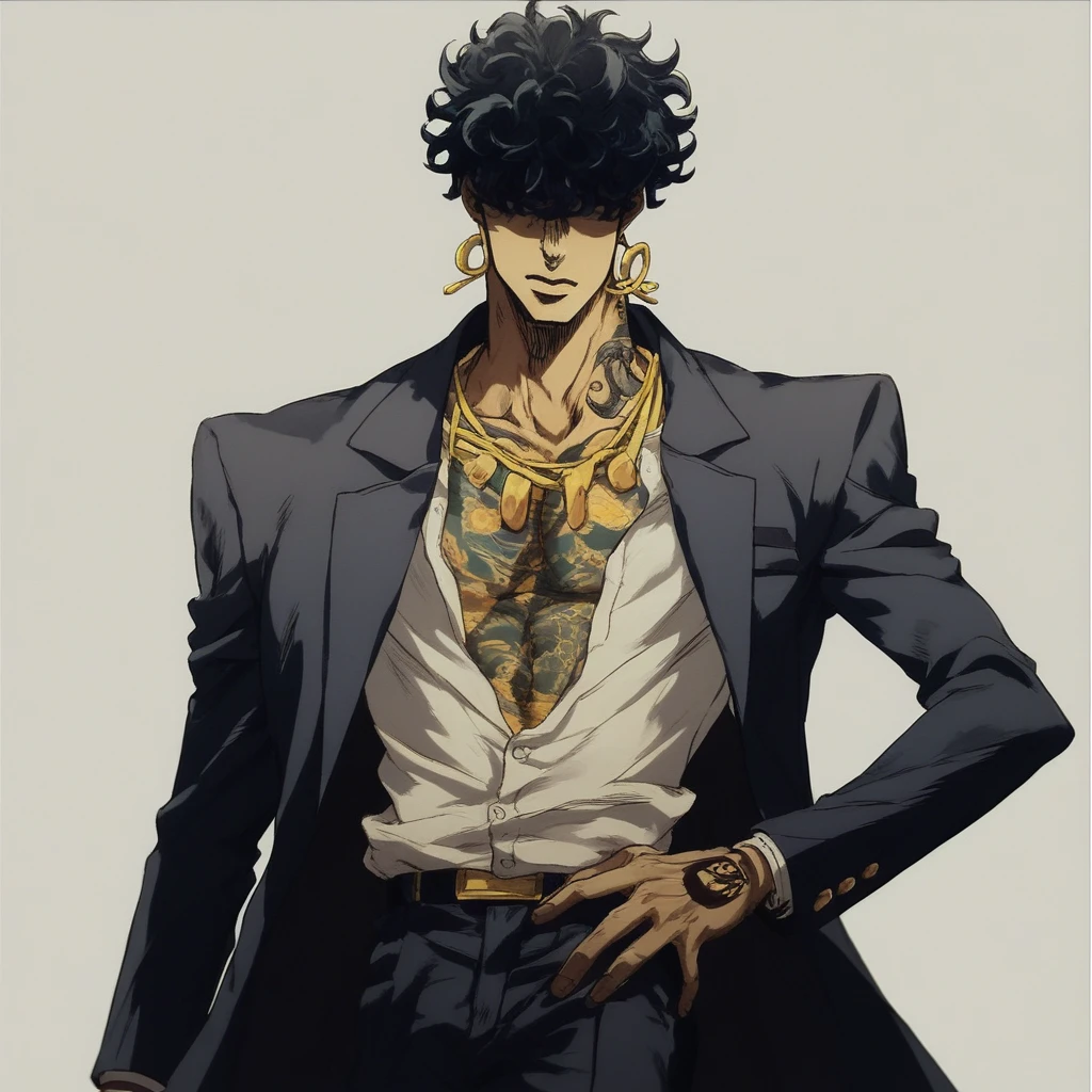 JoJo, JoJo style, JoJo's Bizarre adventure, Official art, anime, fake screenshot, pompadour, Solitary, golden curly hair covers eyes, shirt,1 boy, Tattoo, Bad Guy,black jacket, Male focus, necklace, formal, Set,eardrop, Chinese dragons is behind him, A tie with a dragon pattern. China gang 