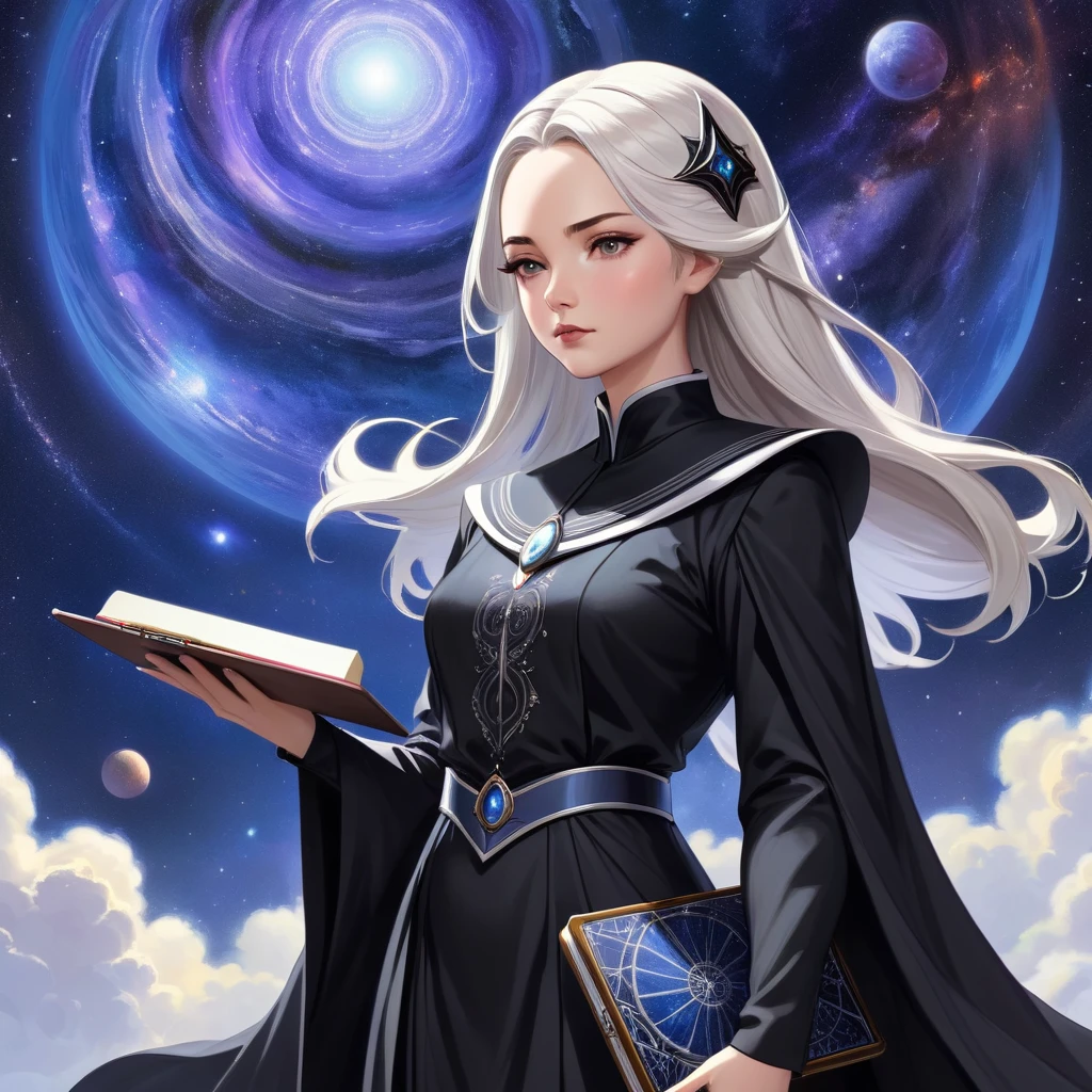 A Severe Judge's loyal executor with a clipboard in hand, a severe and rigorous woman, embodying precision and diligence, stands erect in a serene cosmic landscape. She wears a professional attires, its pristine black fabric exuding cleanliness and rigor. The intricate patterns, delicately woven, as if infused with dark cosmic energy. Her expressions are serious and straight.