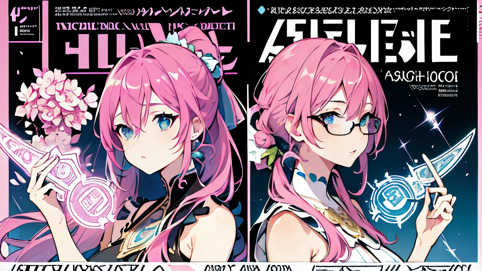 (Tabletop, Highest quality, High resolution:1.4), European woman face portrait , Long Hair, Pink Hair, ponytail,Glasses,Light purple,blue eyes,Floral frame, Decorative panel, Abstract art, Alphonse Mucha, Intricate details, 4K, Splashes of color, Line art, Fibonacci, Tarot card style background(magazine:1.3), (Cover Style:1.3)