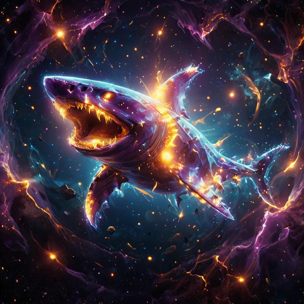 glowneon, cinematic film still, A glowing shark swimming in space emanating lights and sparks, dark amethyst and orange 