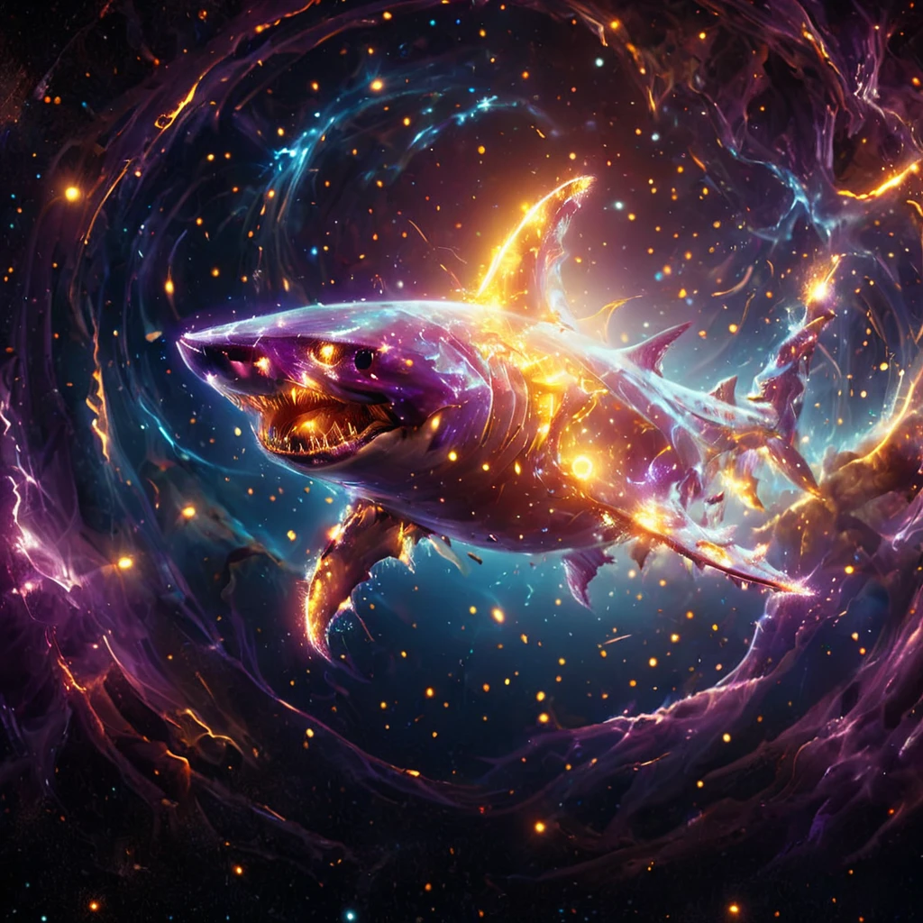 glowneon, cinematic film still, A glowing shark swimming in space emanating lights and sparks, dark amethyst and orange