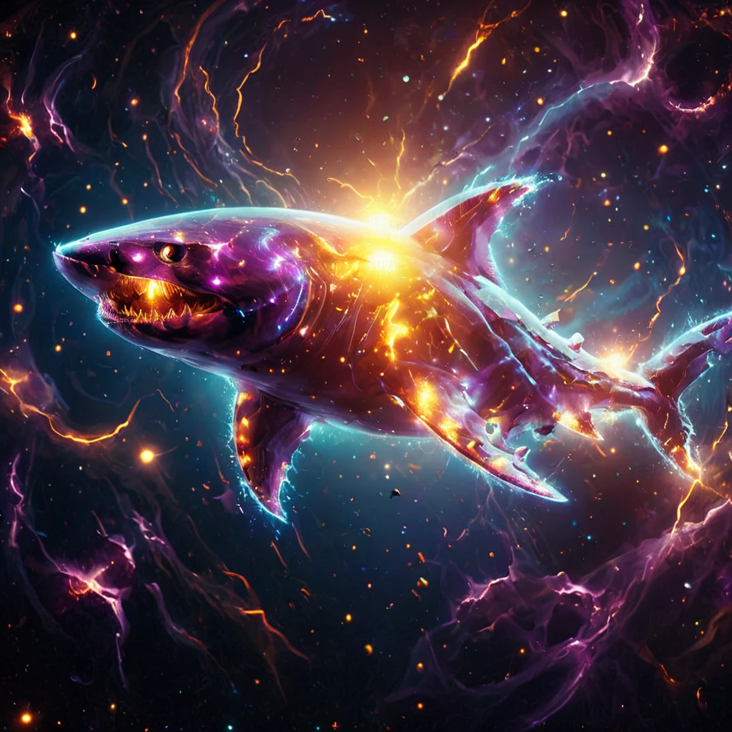 glowneon, cinematic film still, A glowing shark swimming in space emanating lights and sparks, dark amethyst and orange 